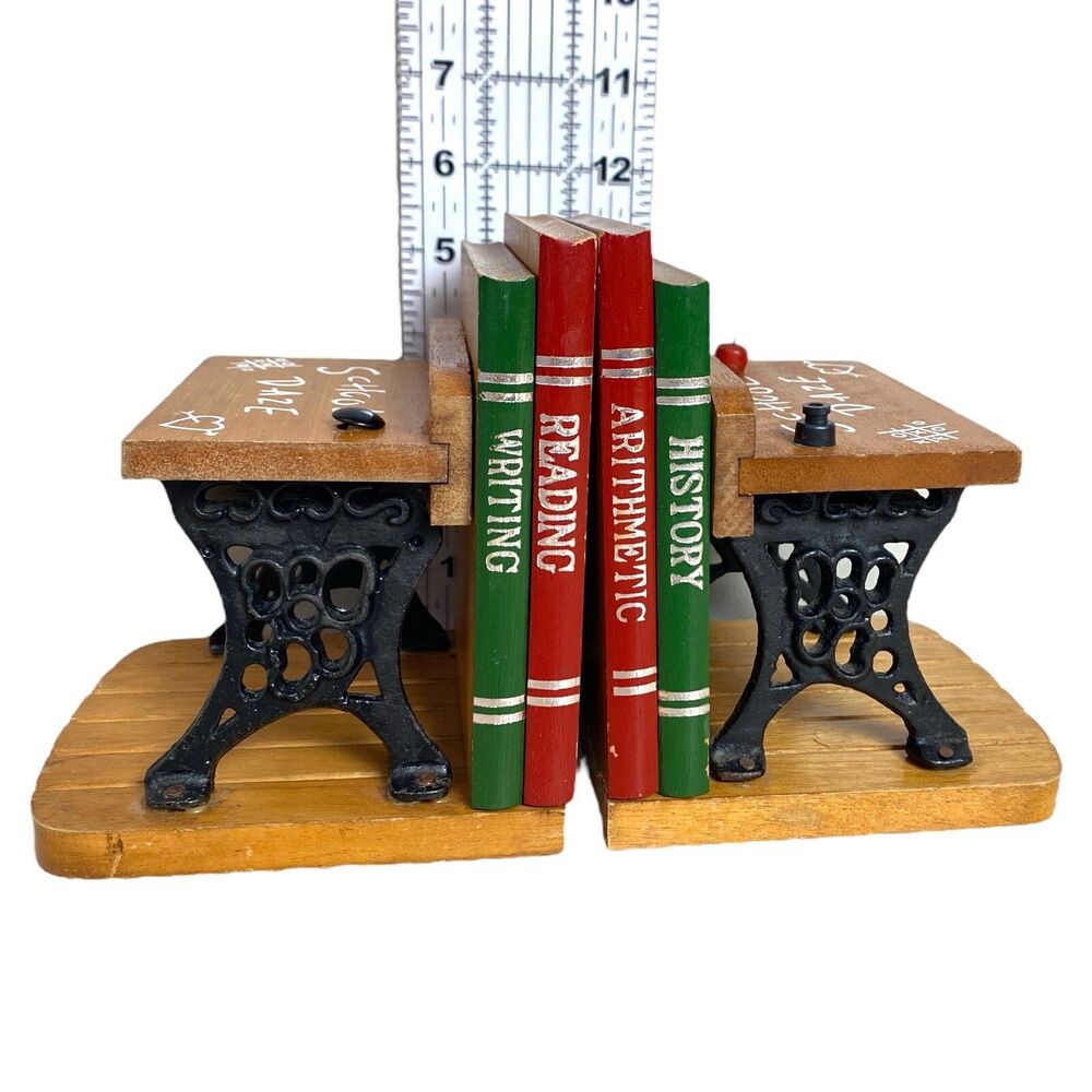 Vintage Enesco School Desk Bookends Wood & Metal “School Daze” Taiwan ROC - Picture 3 of 8